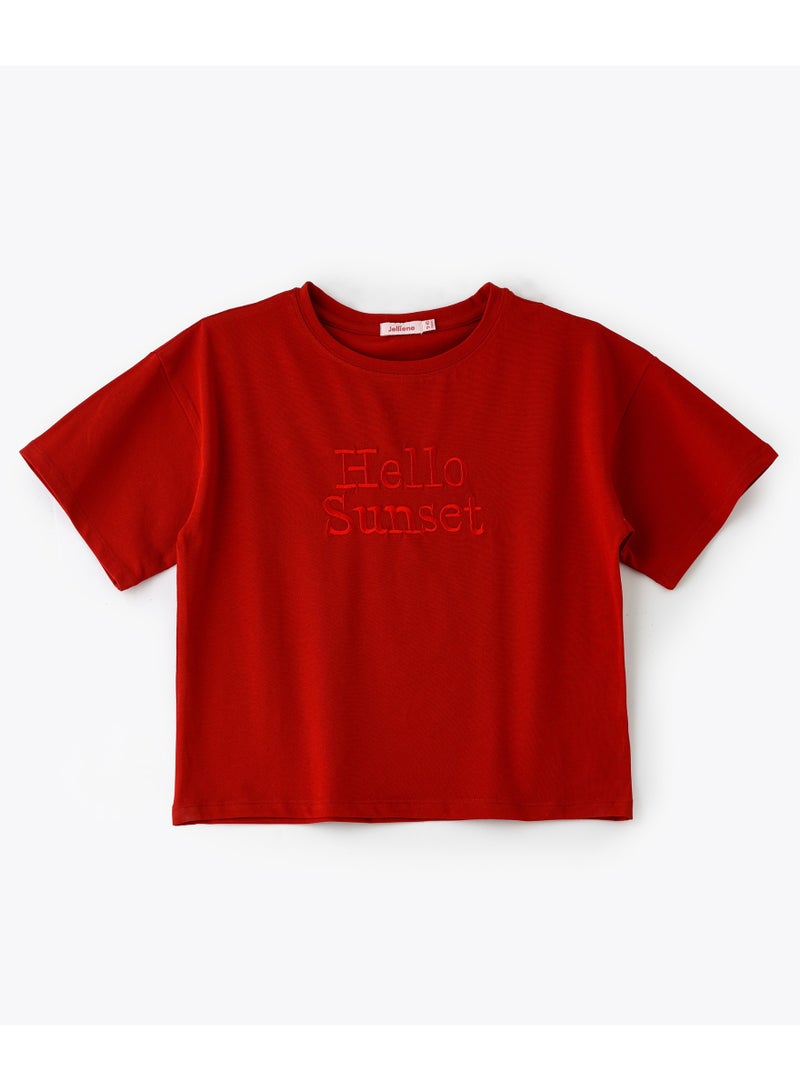 Jelliene Girls Red "Hello Sunset" Graphic T-Shirt - Image 1
